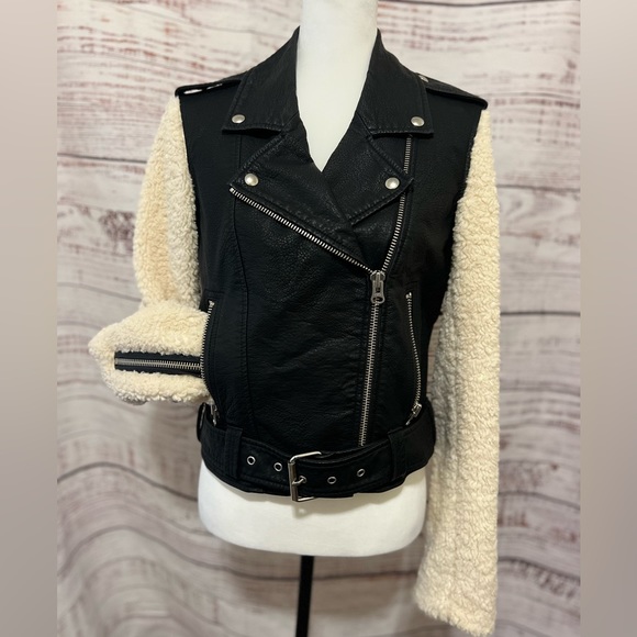 Pistola Anita Faux Shearling moto jacket medium black white - Picture 1 of 12